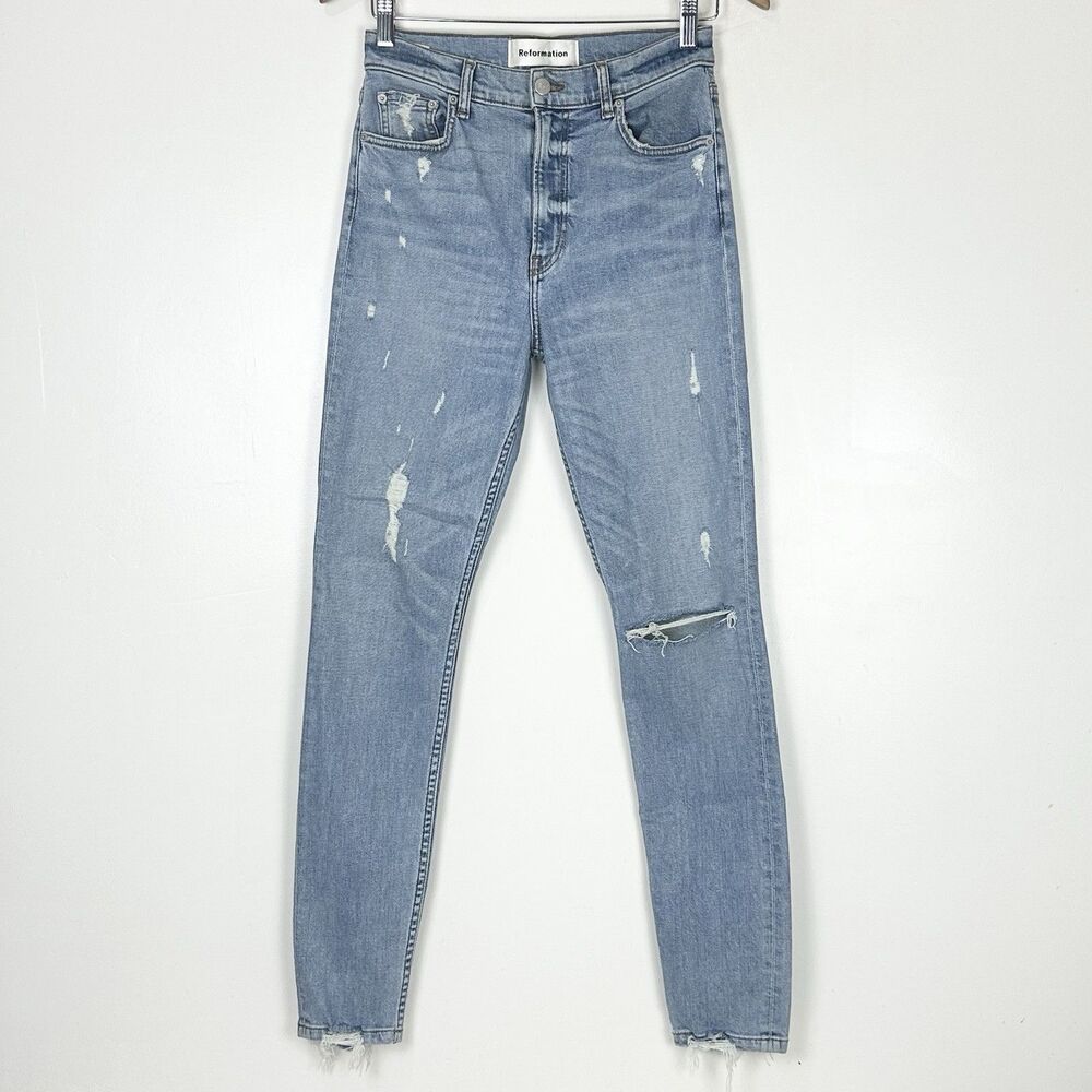 Reformation High Rise Skinny Jeans 27 Light Wash Distressed Minimalist Y2K Denim - Picture 2 of 12